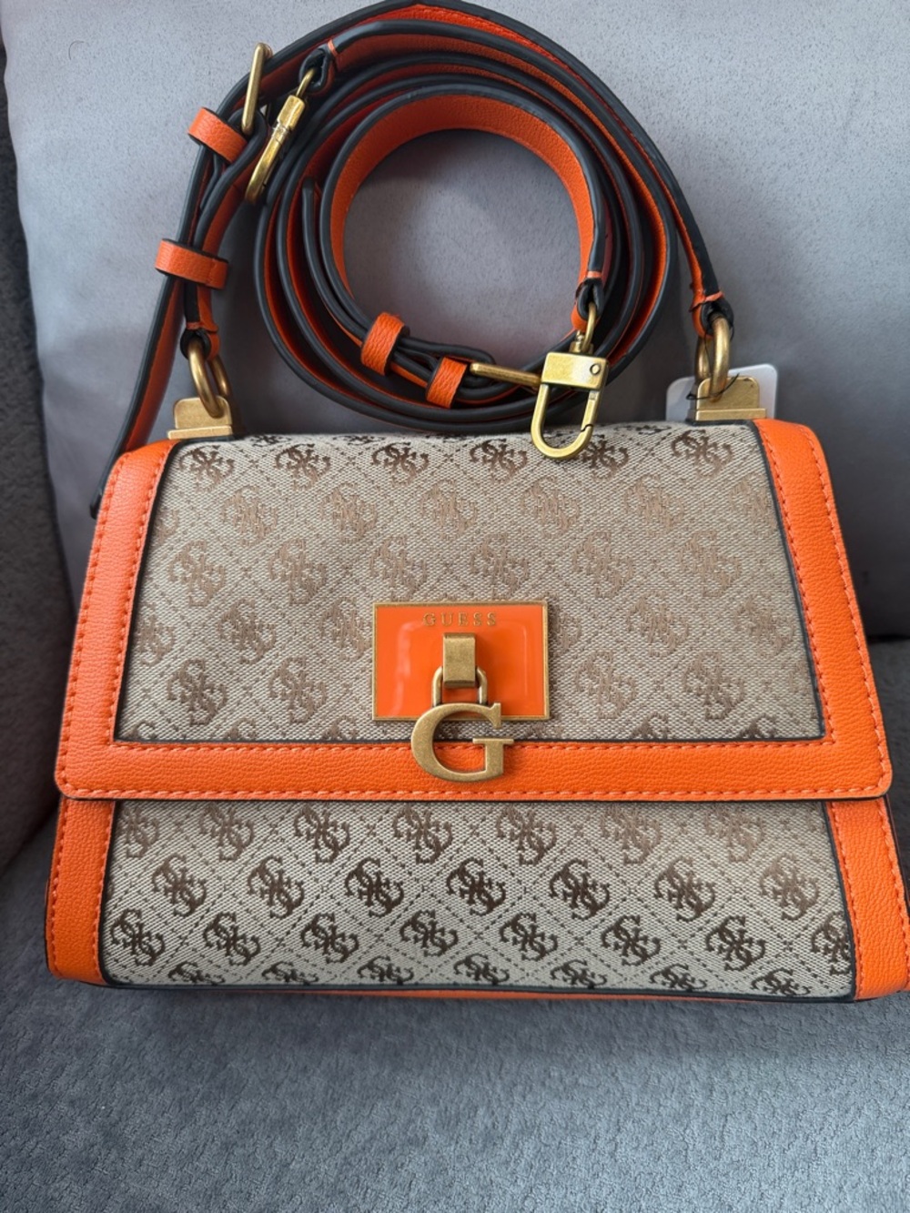 GUESS Orange-Trim Signature Monogram Crossbody Bag